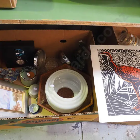 box; deco light fitting with journal, framed watercolour etc