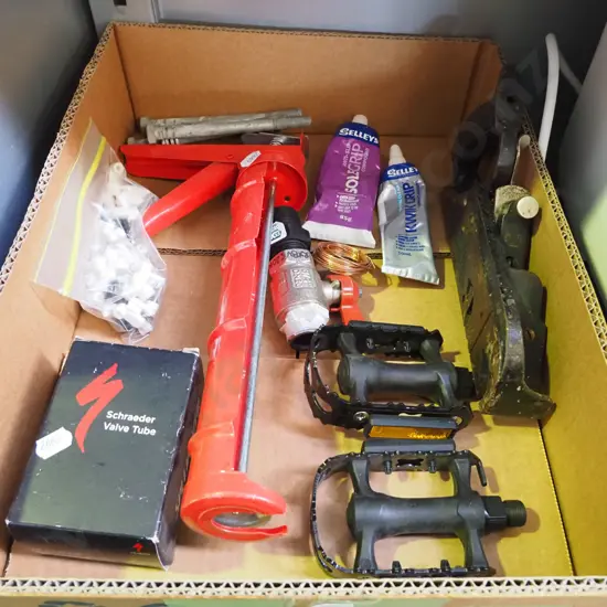 box; rebate plane, bike pedals, caulking gun etc