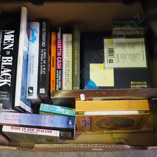 box of books, tape cassettes