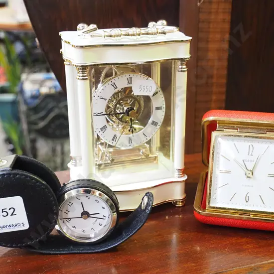 mantle clock, 2x travel alarm clocks