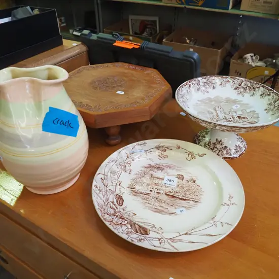 comport, castle plate, cut down jardiniere stand, Royal Winton water jug - crack