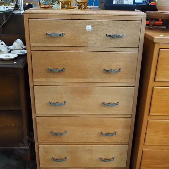 oak 5 drawer tall boy -  varnish needs attention H-1040 W-620 D-430