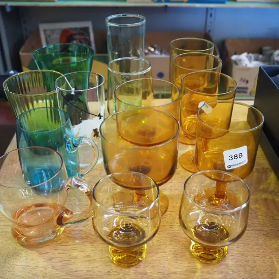 amber glass goblets, green glass tumblers etc