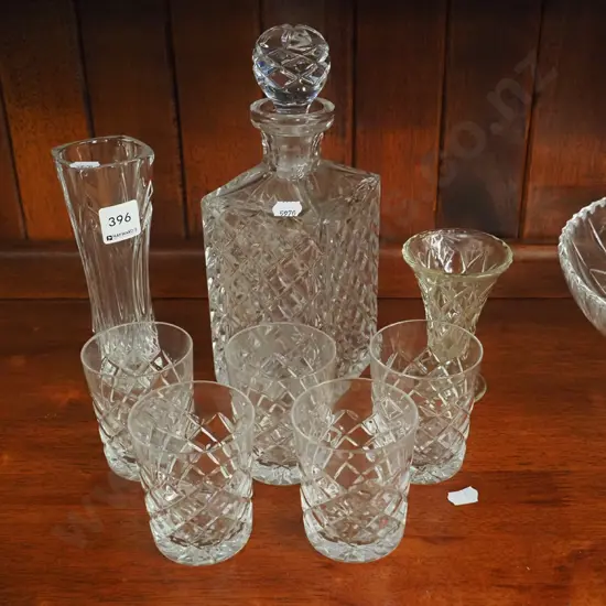 decanter, cut crystal whisky tumblers, 2x vases