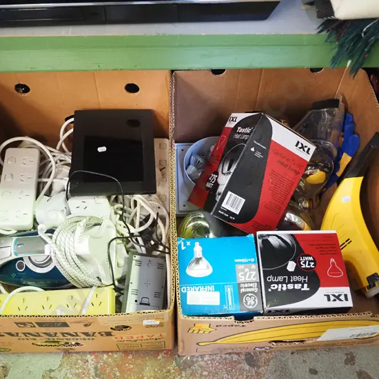 2x boxes; multi boards, digital photo frames, iron, window washer etc