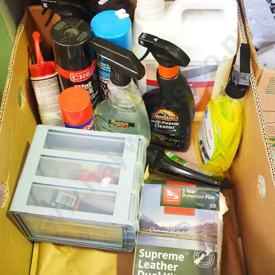 box; cleaning supplies, small set of plastic drawers, leather care kit etc