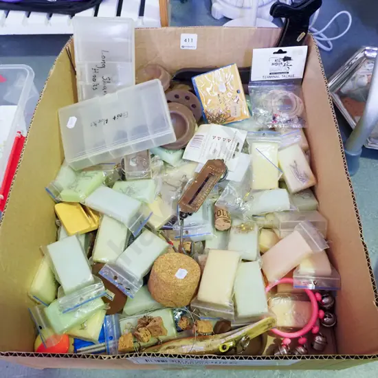 box; fishing hooks, spring scales, furniture feet, plate stand etc