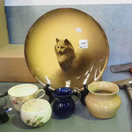 Ridgeway cat plate, cups, bowls etc