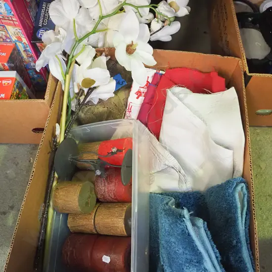 box; bath mat, fabric, candles etc