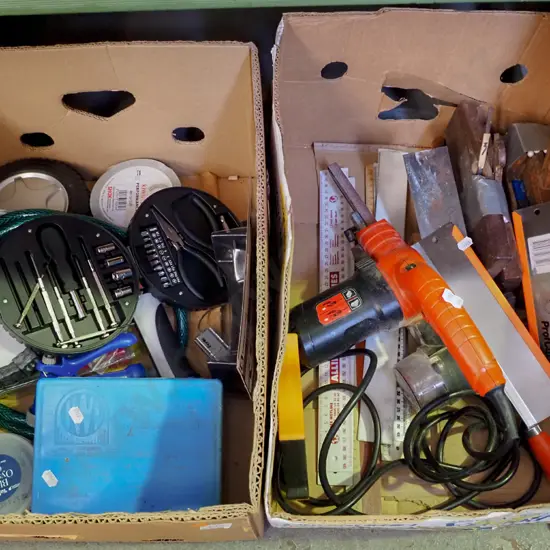 2x boxes; roofing screws, hand saws, moulding planes, tool sets etc - orange dots