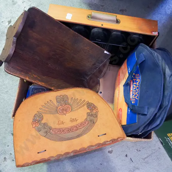 box; wooden bookcase, drawer from vintage till, snow chains etc