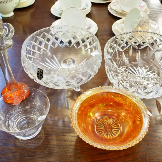 carnival glass bowl, glass vase, 2x crystal bowls, small glass bowl