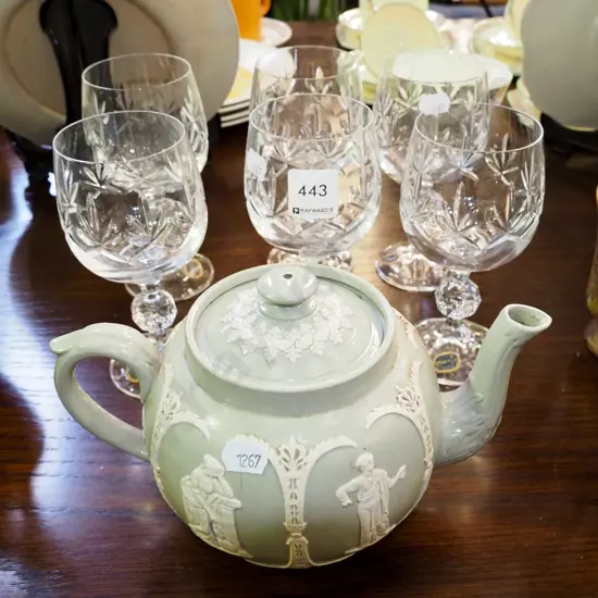 6x cut crystal wine glasses, jasperware style teapot