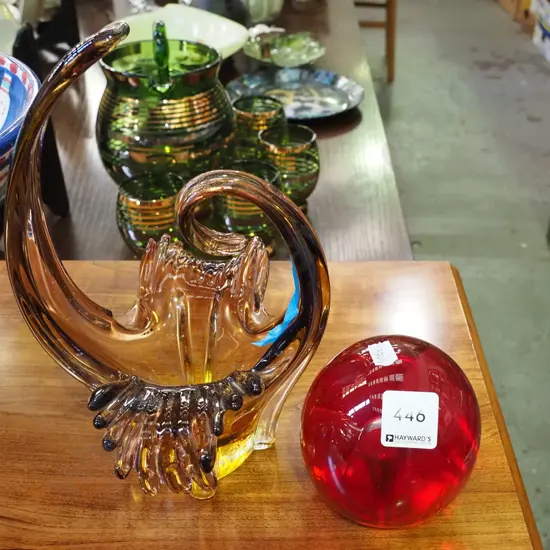 red glass paper weight, amber glass basket - repair