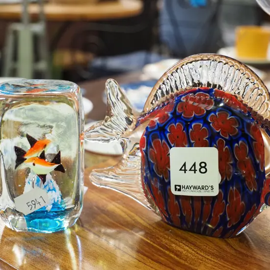 2x studio glass fish themed paperweights
