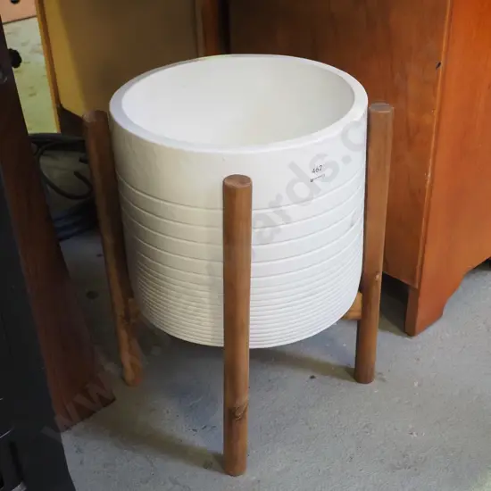 white ceramc jardiniere on wooden stand H-460 Diam-310