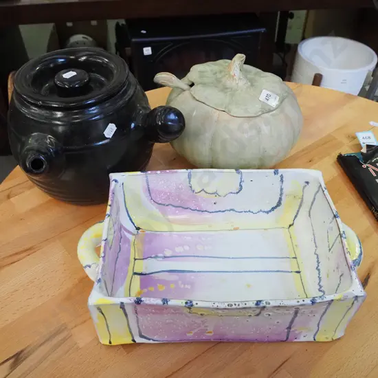 studio pottery baking dish, pumpkin themed soup tureen, pouring pot