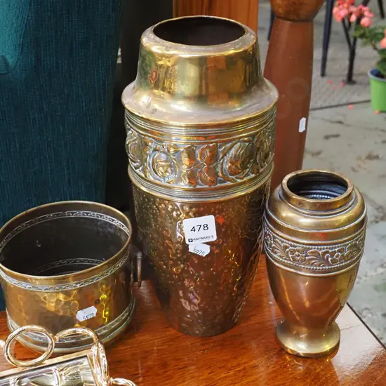 2x pressed brass vases, small brass jardinere