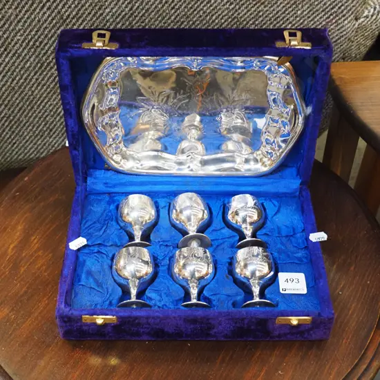 cased plated presentation set, tray, 6x small goblets
