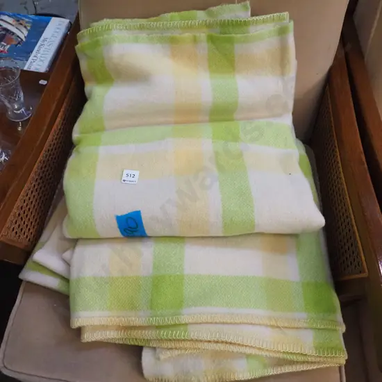 2x green and cream checked woollen blankets