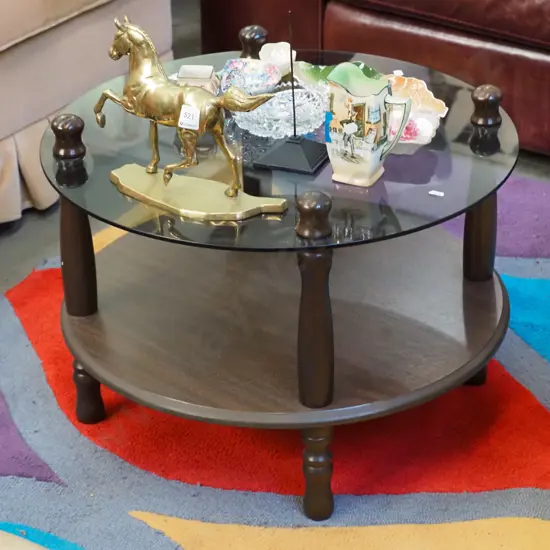 circular wood and smoked glass 2 tier end table