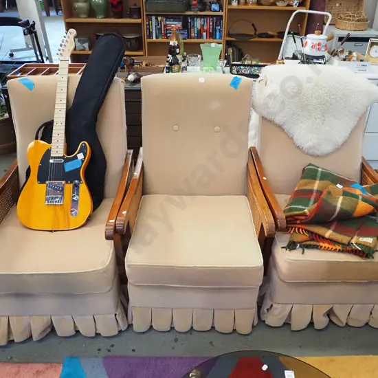 3x deep buttoned and bergere armchairs - some fading to upholstery