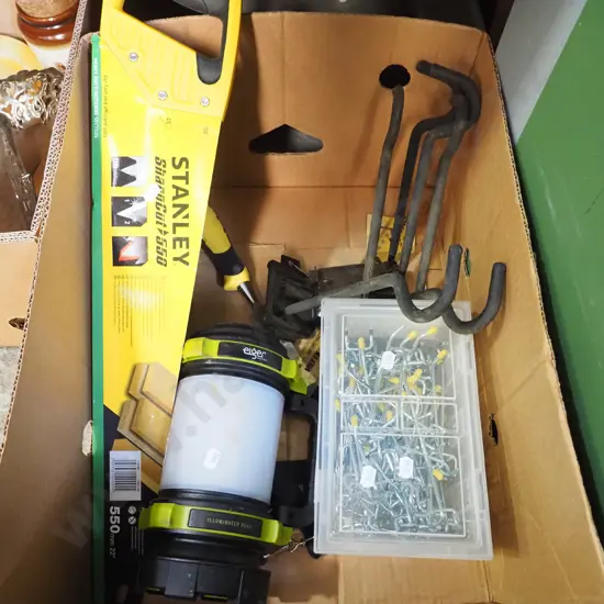 box; hand saw, peg board hooks, bike hooks etc