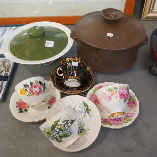 lidded vege, Temuka casserole, 4x cups and saucers