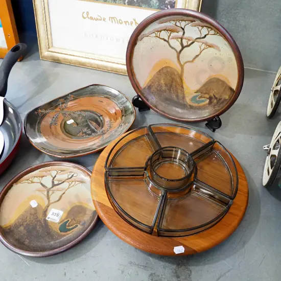 3x studio pottery plates, wood and glass serving dish 