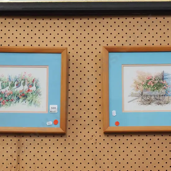 2x framed needleworks - red dots