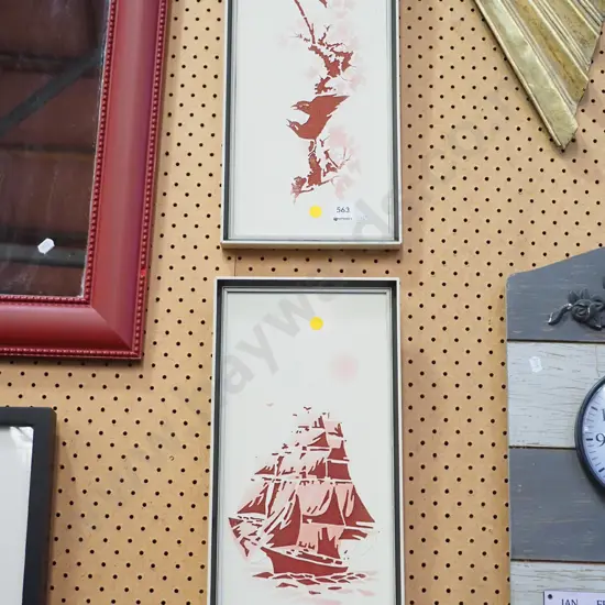 2x framed prints - birds, sailing ships- yellow dots