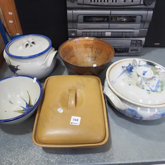 Denby casserole, studio pottery bowls, 2x pottery casseroles
