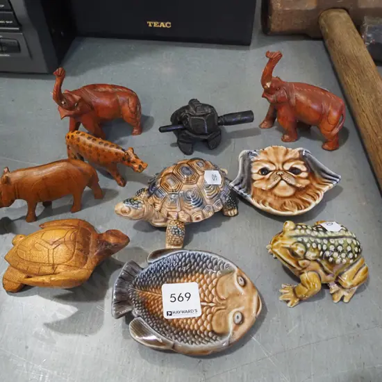 Wade turtle, fish, carved wooden animal figurines