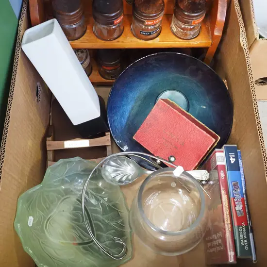 box; glass bowl, playing cards, spice rack, DVDs etc