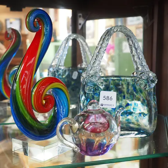 studio glass handbag, tea pot, koru 