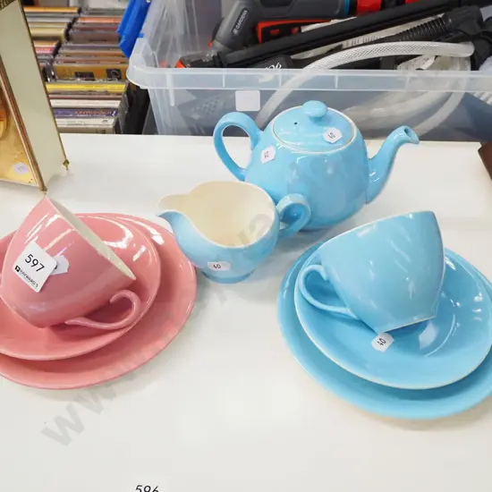 tea pot, creamer, 2x trios