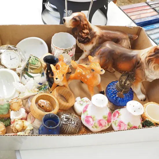 box; animal figurines , salt and pepper shakers, napkin rings etc
