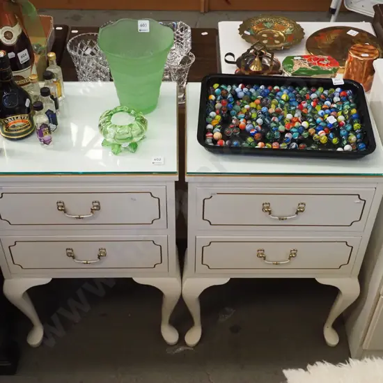 pair of mdf white painted cab leg bedside cabinets