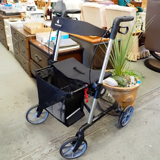 Stylus foldaway walking frame and walking stick