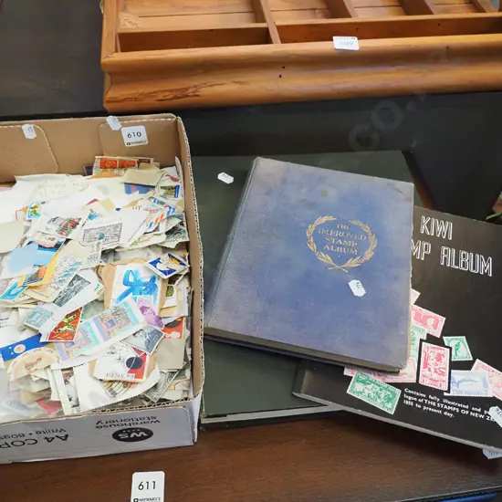 box of loose stamps, 3x albums