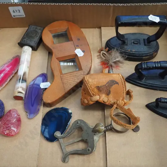 box; miniature sad irons, sheet music clip, magnifying glasses etc