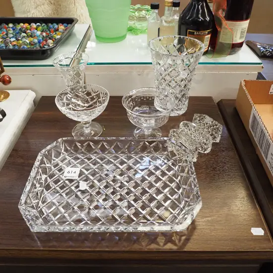 cut crystal tray, napkin rings etc