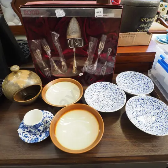 cased Rodd cutlery, salt pig, bowls, demi-tasse cup and saucer