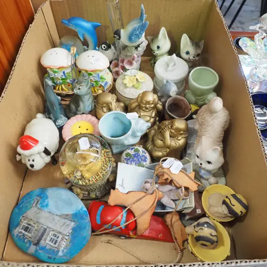 box; figurines, novelty salt and peppers, trinket boxes etc