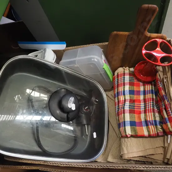 box; electric frying pan, placemats, chopping board etc