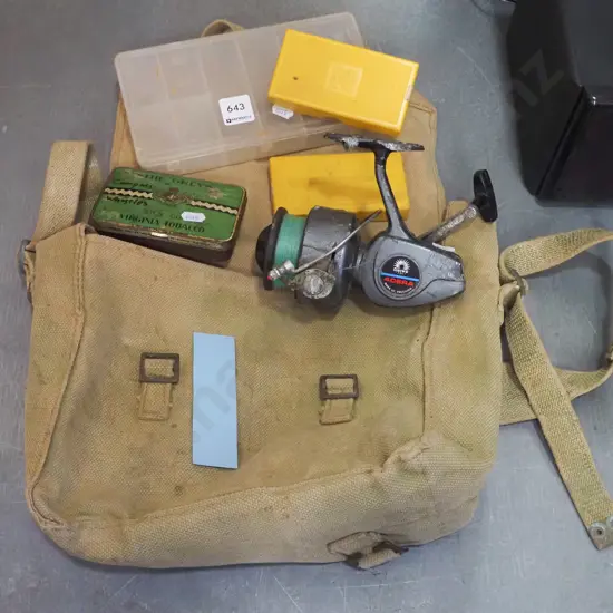 fishing bag with tackle boxes, vintage reel