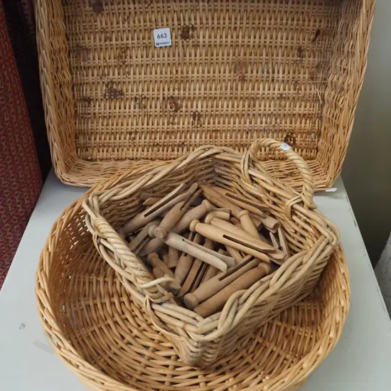 3x  cane baskets, wooden pegs