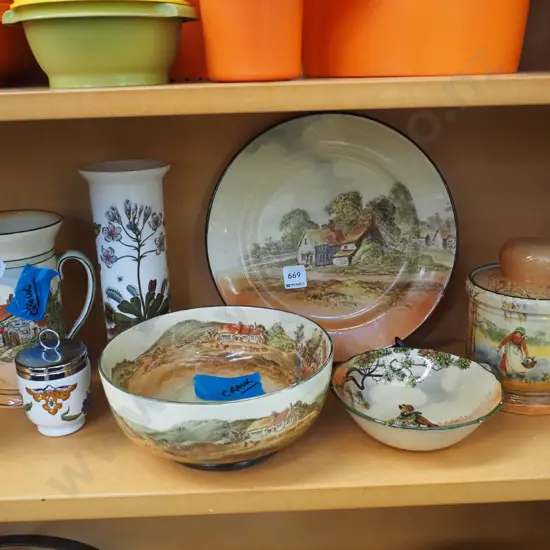 shelf; Doulton items, Worcester egg coddler, Portmeirion vase - some items have chips and cracks