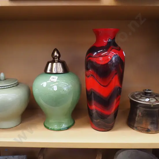 shelf; 3x lidded canisters, tall glass vase H-400