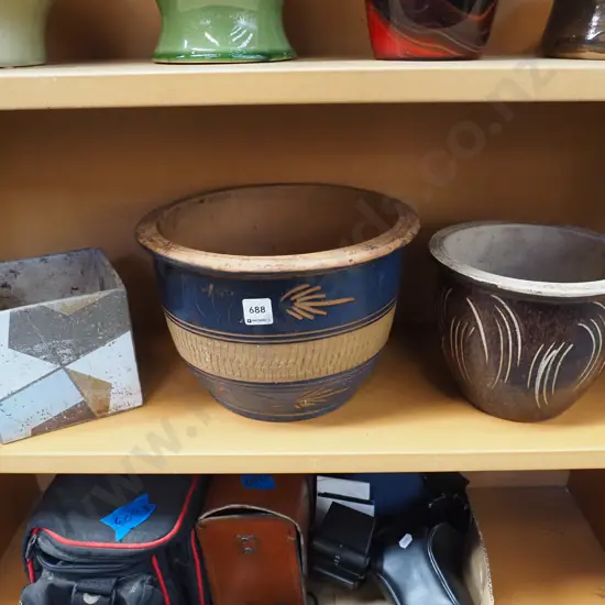 slab pottery jardiniere, 2x glazed planters Tallest H-200 W-300